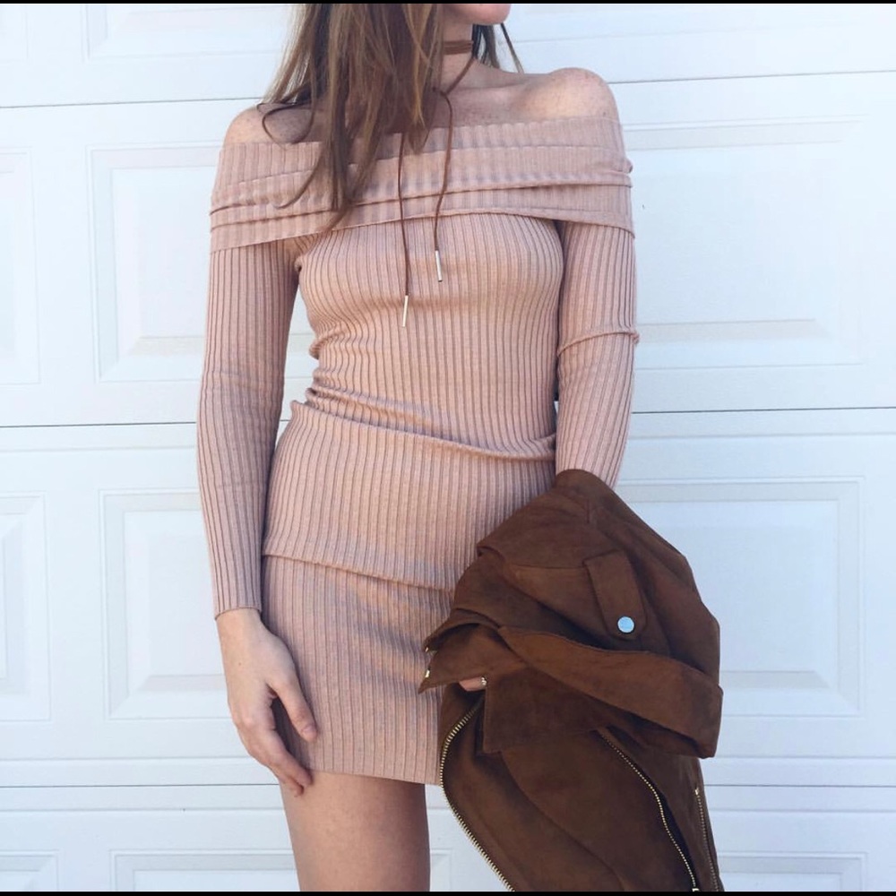 Asos Tan Ribbed Off The Shoulder Sweater Dress NEW